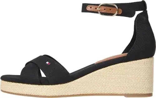 Produktbild: Tommy Hilfiger Damen Wedge Sandalen Flag Criss-Cros Mid mit Knöchelriemen, Schwarz (Black), 37
