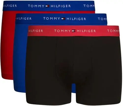 Produktbild: Tommy Hilfiger Herren 3er Pack Boxershorts Trunks mit Logomuster-Bund, Mehrfarbig (Bright Blue/Black/Deep Crimson), M