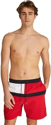Produktbild: Tommy Hilfiger Herren Badeshorts Long Drawstring mit Tunnelzug, Rot (Primary Red), L