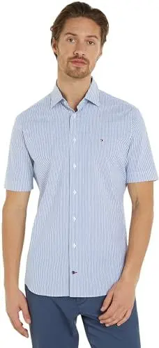 Produktbild: Tommy Hilfiger Herren Hemd Cl Str Fine Poplin Stp Shirt S/S Kurzarm, Blau (Optic White / Ultra Blue), 45