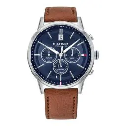 Produktbild: Tommy Hilfiger Herren Multifunktions-Quarzuhr mit 44 mm - Marineblaues Zifferblatt, Heller Braun Lederarmband, 3 Unterzifferblätter, Wasserfest bis 5ATM - 1791629