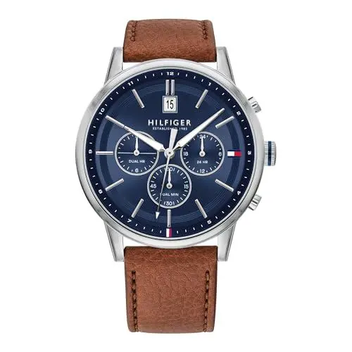 Produktbild: Tommy Hilfiger Herren Multifunktions-Quarzuhr mit 44 mm - Marineblaues Zifferblatt, Heller Braun Lederarmband, 3 Unterzifferblätter, Wasserfest bis 5ATM - 1791629