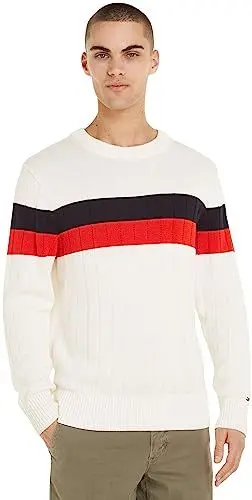Produktbild: Tommy Hilfiger Herren Pullover Colourblock C-Neck Strickpullover, Mehrfarbig (Ancient White/ Dsrt Sky/ Fireworks), M