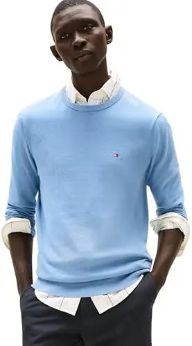 Produktbild: Tommy Hilfiger Herren Pullover Essential Cotton mit Rundhalsausschnitt, Blau (Brisk Blue), M