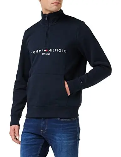 Produktbild: Tommy Hilfiger Herren Sweatshirt mit Reißverschluss Logo Mockneck mit Bauchtasche, Blau (Desert Sky), S