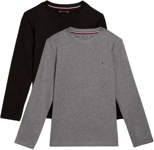 Produktbild: Tommy Hilfiger Jungen 2er Pack Langarmshirts Crew Neck aus Baumwolle, Mehrfarbig (Medium Grey Ht/Black), 6-7 Jahre