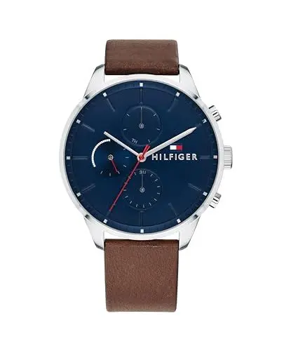 Produktbild: Tommy Hilfiger Herren Analoge Multifunktions-Quarz-Uhr - Braunes Lederarmband, 44mm Marineblaues Zifferblatt, 3-Zeiger-Werk, Wasserbeständig bis 5ATM - 1791487