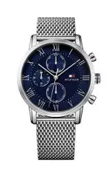 Produktbild: Tommy Hilfiger Herren-Multifunktions-Quarzuhr 44mm mit Blauem Zifferblatt, Edelstahlgehäuse und Mesh-Armband, 3ATM Wasserbeständigkeit - 1791398