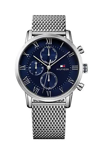 Produktbild: Tommy Hilfiger Herren-Multifunktions-Quarzuhr 44mm mit Blauem Zifferblatt, Edelstahlgehäuse und Mesh-Armband, 3ATM Wasserbeständigkeit - 1791398