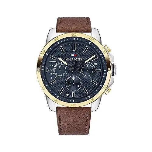 Produktbild: Tommy Hilfiger Analoge Multifunktionale Quarz-Uhr für Herren 48 mm - Halbglänzendes Blaues Zifferblatt, Hellbraunes Lederarmband, 3 Unterzifferblätter, Wasserdicht bis 5ATM - 1791561