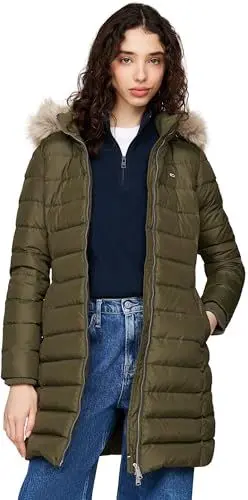 Produktbild: Tommy Jeans Damen Daunenmantel Essential Hooded Down Coat mit Kunstpelz, Grün (Fatigue Green), XS