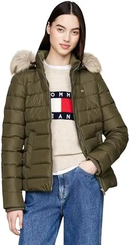 Produktbild: Tommy Jeans Damen Pufferjacke Basic Hooded Down Jacket mit Kapuze, Grün (Fatigue Green), S