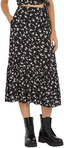 Produktbild: Tommy Jeans Damen Rock Floral Ruffle Midi-Länge, Schwarz (Spring Floral), XL