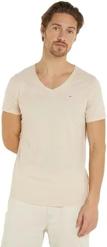 Produktbild: Tommy Jeans Herren T-Shirt Kurzarm Tjm Slim Jaspe V Neck V-Ausschnitt, Elfenbein (Newsprint), M