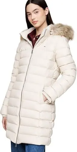 Produktbild: Tommy Jeans Damen Daunenmantel Essential Hooded Down Coat mit Kunstpelz, Elfenbein (Newsprint), L