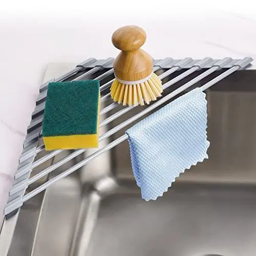 Produktbild: Tomorotec Dreieckiges Abtropfgestell zum Aufrollen – klein, faltbar, mit Silikon beschichtet für Spülbeckenecke, Edelstahl-Organizer, Abtropfgestell und platzsparend für Mehrzweck-Küchenaufbewahrung