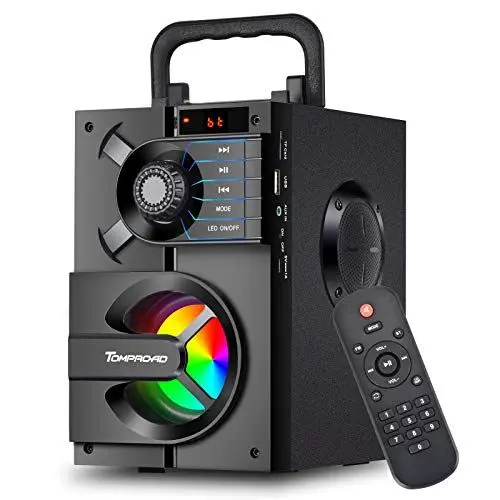 Produktbild: TOMPROAD Bluetooth Lautsprecher, Tragbare Bluetooth Box mit Subwoofer, kabellos Stereo Sound satter Bass Party Lautsprecher unterstützt FM Radio Fernbedienung LED Lichter (Black)
