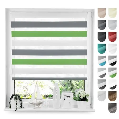 Produktbild: Tom'Shop® Doppelrollo DuoRollo (Grün & Weiß & Grau, 100cm x 150cm) Duo Rollos für Fenster Klemmfix ohne Bohren mit Klämmträger Fensterabdeckung Fensterrollo leichte Montage