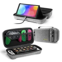 Produktbild: tomtoc Tasche Hülle für Nintendo Switch/Nintendo Switch OLED Modell, Protective Hard Case Tragetasche für Switch Konsole, 24 Spiele, Pro Controller, Netzteil und Zubehör, Grau