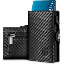 Produktbild: Tomylv Geldbörse Herren Slim RFID Schutz Kohlenstofffaser Portmonee Herren, Automatisches Popup Geldbeutel Herren Kartenetui Kreditkartenetui mit Banknotenfächer, Münzfach und Geschenkbox - Schwarz