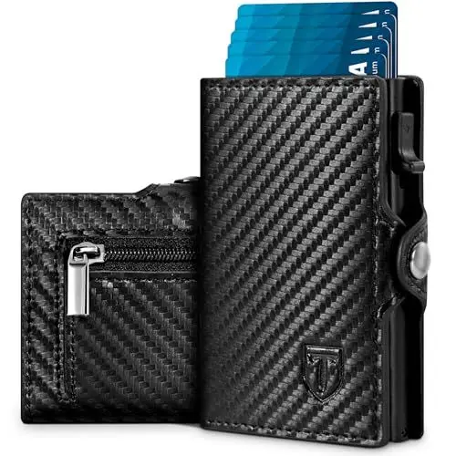 Produktbild: Tomylv Geldbörse Herren Slim RFID Schutz Kohlenstofffaser Portmonee Herren, Automatisches Popup Geldbeutel Herren Kartenetui Kreditkartenetui mit Banknotenfächer, Münzfach und Geschenkbox - Schwarz
