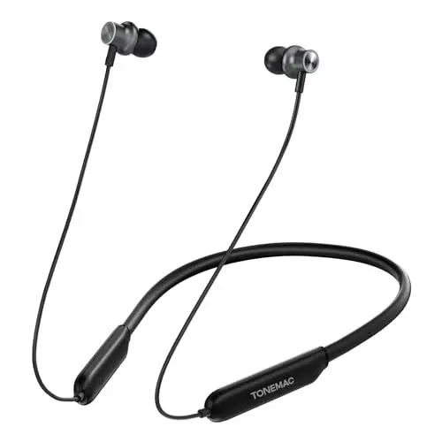 Produktbild: TONEMAC N8 Kabellose Ohrhörer, IPX6 Schweißfest, Magnetisches Nackenband Kopfhörer, 40 Stunden Spielzeit, Verbesserte Tiefer Bass Ohrhörer Bluetooth 5.3 Kopfhörer für Telefon Musik Sport Schwarz
