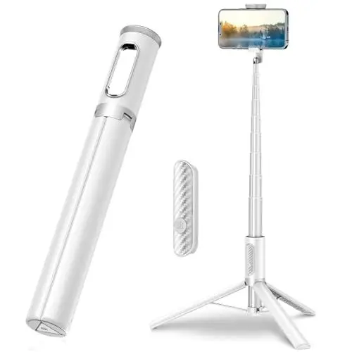 Produktbild: TONEOF 152CM Automatisches Selfie Stick Stativ, Ausziehbar All-in-1 Handy Stativ aus Aluminium mit Kabelloser Fernbedienung und 9 Teleskopstange,Drehbar Handyhalter für iPhone/Android-Weiß