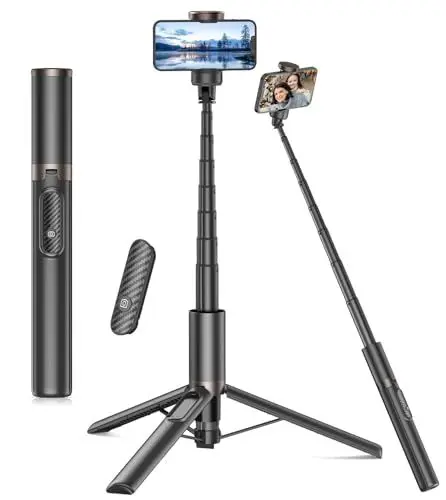Produktbild: TONEOF 153CM Selfie Stick Stativ, Verbesserte 360° Drehbare Selfie Stange, Ausziehbares All-in-1 Handy Stativ Videokits aus Aluminium mit Kabelloser Fernbedienung für iPhone/Android-Schwarz Gold