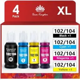 Produktbild: Toner Kingdom 102 Tinte Multipack 104 Tinte Kompatibel für Epson 104 Ecotank 4-Colour Multipack für Epson ET-2720 ET-2710 ET-2715 ET-2820 für Epson 102 EcoTank ET-2750 ET-2850 ET-4750 ET-2856 ET-4850