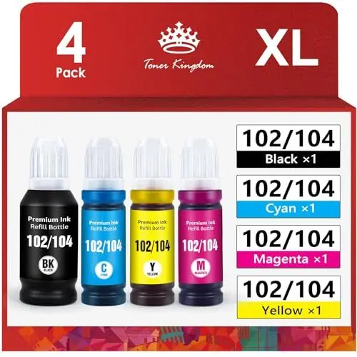 Produktbild: Toner Kingdom 102 Tinte Multipack 104 Tinte Kompatibel für Epson 104 Ecotank 4-Colour Multipack für Epson ET-2720 ET-2710 ET-2715 ET-2820 für Epson 102 EcoTank ET-2750 ET-2850 ET-4750 ET-2856 ET-4850