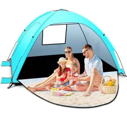 Produktbild: Tonfarb Strandmuschel,Tragbar Ultraleicht Strandzelt,Sonnenschutz Strand für 2-3 Personen,UV Schutz 50+, Einfache Installation, Windschutz Strand Familienzelt für Garten, Camping- Hellgrün
