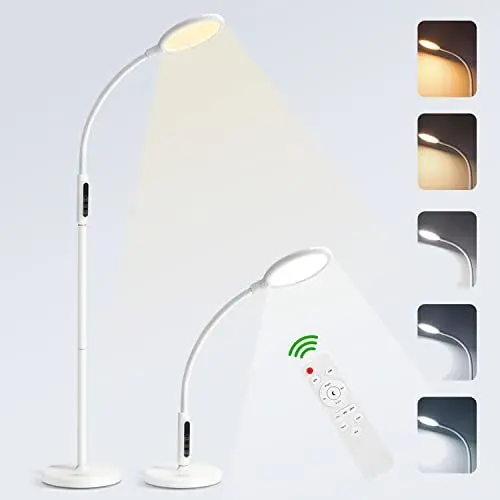 Produktbild: TONFFI 12W LED Stehlampe Dimmbar, Weiß Stehleuchte Bodenlampe mit Fernbedingung, Touch Control, 5 Farbtemperaturen & 5 Helligkeitsstufen Leselampe Tischlampe Klemmlampe mit Timer & Memory Funktion