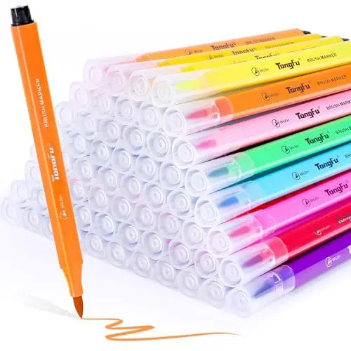 Produktbild: TongFu 60 Farben Permanent Markers, Brush Pen Set für Manga Design School, Wasserbasierte Art Marker für Graffiti, Malen, Ausmalen und Markieren, Universalmarker für Kinder, Erwachsene und Anfänger