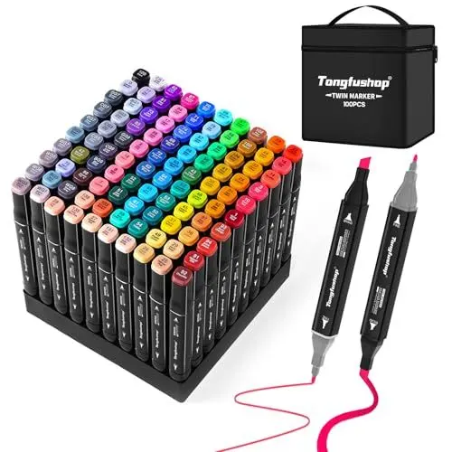 Produktbild: Tongfushop 100 Filzstifte, Marker Set, Twin Marker, Textmarker Stift Set für Studenten Manga Design und Zeichnen Skizzieren Malerei, Art Marker mit Schwarzer Tragetasche und Abstandshalter