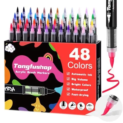 Produktbild: Tongfushop 48 Acrylstifte für Steine Wasserfest, Pinsel Spitze Acrylstifte Set, Schnelltrocknende Steine Bemalen Acrylmarker Stifte für Rock, Glas, Holz, Keramik, Stoff, Basteln Ostern, Weihnachten