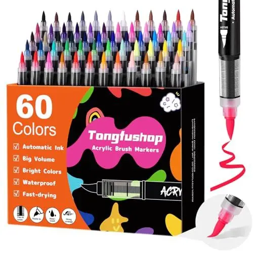 Produktbild: Tongfushop 60 Acrylstifte für Steine Wasserfest, Pinsel Spitze Acrylstifte Set, Schnelltrocknende Steine Bemalen Acrylic Marker Stifte für Rock, Glas, Holz, Keramik, Stoff, Basteln Ostern, Weihnachten