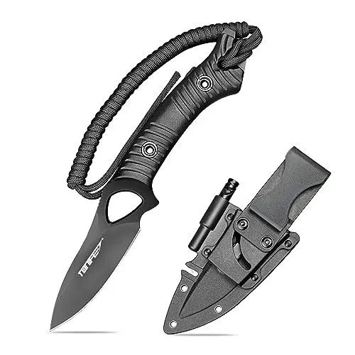 Produktbild: TONIFE Explorer Feststehendes Messer mit Scheide 8Cr14MoV Klinge Multifunktionales Überlebensmesser, Glasfaserverstärkter Nylongriff für Outdoor EDC Messerr (Schwarz+Schwarz Titan)