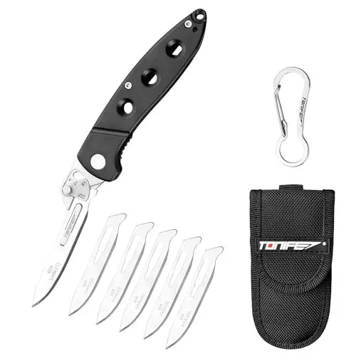 Produktbild: TONIFE Auswechselbare Klingen Klappmesser, Skalpell Klappmesser mit Edelstahlklingen und 5 Austauschbaren Klingen, EDC Taschenmesser für Outdoor Camping Survival Angeln (Schwarz)