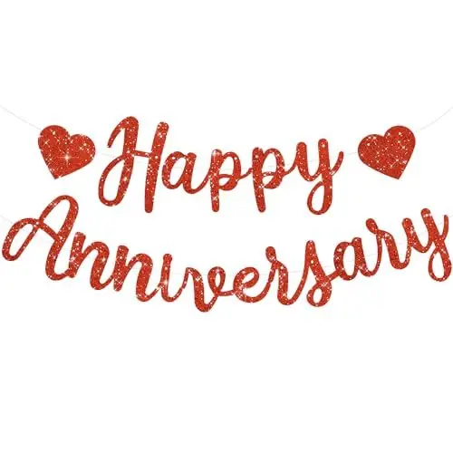 Produktbild: TONIFUL Red Happy Anniversary Banner, Pre-Strung, Red Glitter Happy Anniversary Banner, KEINE DIY für Red Glitter Happy Anniversary Girland, Red Happy Anniversary Zeichen für Jubiläums Hochzeitsfeier