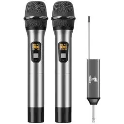 Produktbild: TONOR Drahtloses Mikrofon, UHF Dual Kabelloses Metall Dynamisches Mikro System mit wiederaufladbarem Empfänger, für Karaoke, Hochzeit, DJ, Party, Rede, Kirche, Klassen, 60m (TW630), Silber