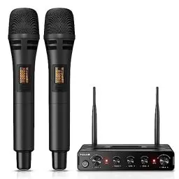 Produktbild: Dual Funkmikrofonen System kabellos, TONOR drahtloses Karaoke Mikro Set wireless microphone Handmikrofon dynamisch mit Empfänger für Hochzeit Party Kirche Vortrag Bühne Reden Konferenz TW350 Schwarz