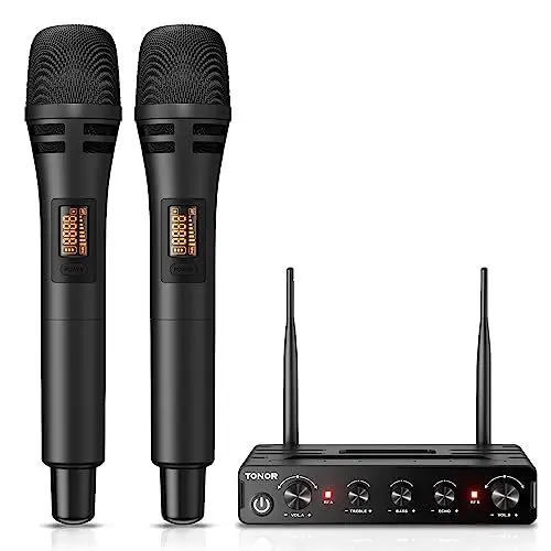 Produktbild: Dual Funkmikrofonen System kabellos, TONOR drahtloses Karaoke Mikro Set wireless microphone Handmikrofon dynamisch mit Empfänger für Hochzeit Party Kirche Vortrag Bühne Reden Konferenz TW350 Schwarz