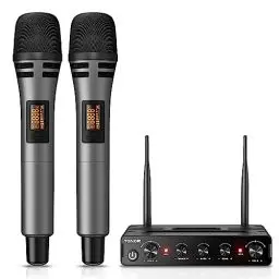 Produktbild: TONOR Dual Funkmikrofonen System kabellos, drahtloses Karaoke Mikrofon Set Wireless Microphone Handmikrofon dynamisch mit Empfänger für Hochzeit Party Kirche Vortrag Bühne Reden Konferenz TW350 Grau