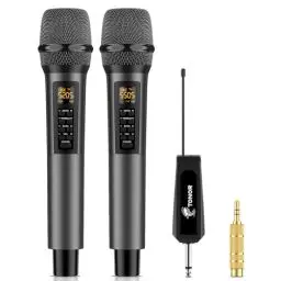 Produktbild: TONOR Dual Mikrofon Kabellos System mit Bass/Echo/Treble Soundeffekte, Funkmikrofon drahtloses Karaoke Mikro Wireless Microphone 60m Reichweite mit Empfänger für Hochzeit Party Vortrag Bühne TW525
