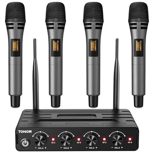 Produktbild: TONOR Mikrofon Kabellos Set mit 4x5 Kanälen Funkmikrofon Handmikrofon drahtlos, Wireless Microphones dynamisch mit Empfänger 60m Reichweite, stabilen Signalübertragung für Karaoke Gesang Party Bühne