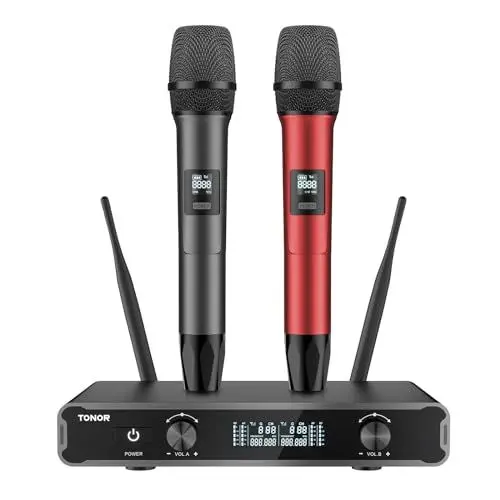 Produktbild: TONOR Mikrofon Kabellos System, Dual Funkmikrofon mit Empfänger, drahtloses Karaoke Microfono Set Wireless Singing Mic dynamisch 60m Reichweite für Hochzeit Party Kirche Vortrag Bühne TW450 Grau&Red