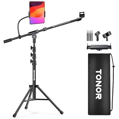 Produktbild: TONOR Mikrofonständer mit Tablet-Halterung, Stativarm für Den Boden, Höhe und Winkel Einstellbar, Strapazierfähiger Ständer mit Tragetasche, Telefon- und iPad-Klemme, Blue Yeti, T35