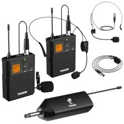 Produktbild: TONOR UHF Mikrofon Kabellos set mit Dual Headset Kopfbügel Funkmikrofon/Lavalier Ansteckmikrofonen Bodypack Transmitter, Empfänger 6,35 mm Ausgang 60M Reichweite Wireless Microphone für Live-Auftritte