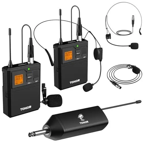 Produktbild: TONOR UHF Mikrofon Kabellos set mit Dual Headset Kopfbügel Funkmikrofon/Lavalier Ansteckmikrofonen Bodypack Transmitter, Empfänger 6,35 mm Ausgang 60M Reichweite Wireless Microphone für Live-Auftritte