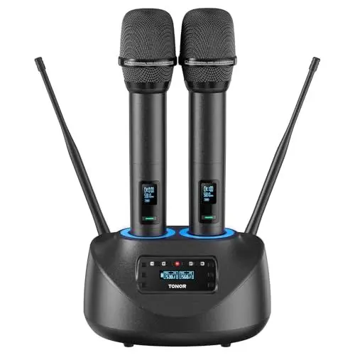 Produktbild: TONOR Wiederaufladbares Bluetooth Funkmikrofon Set, 2x100 einstellbare UHF Funk Mikrofon Kabellos Metall Wireless Microphone, Auto Scan, 80m Reichweite für Gesang Karaoke Kirche Party TW790 Schwarz